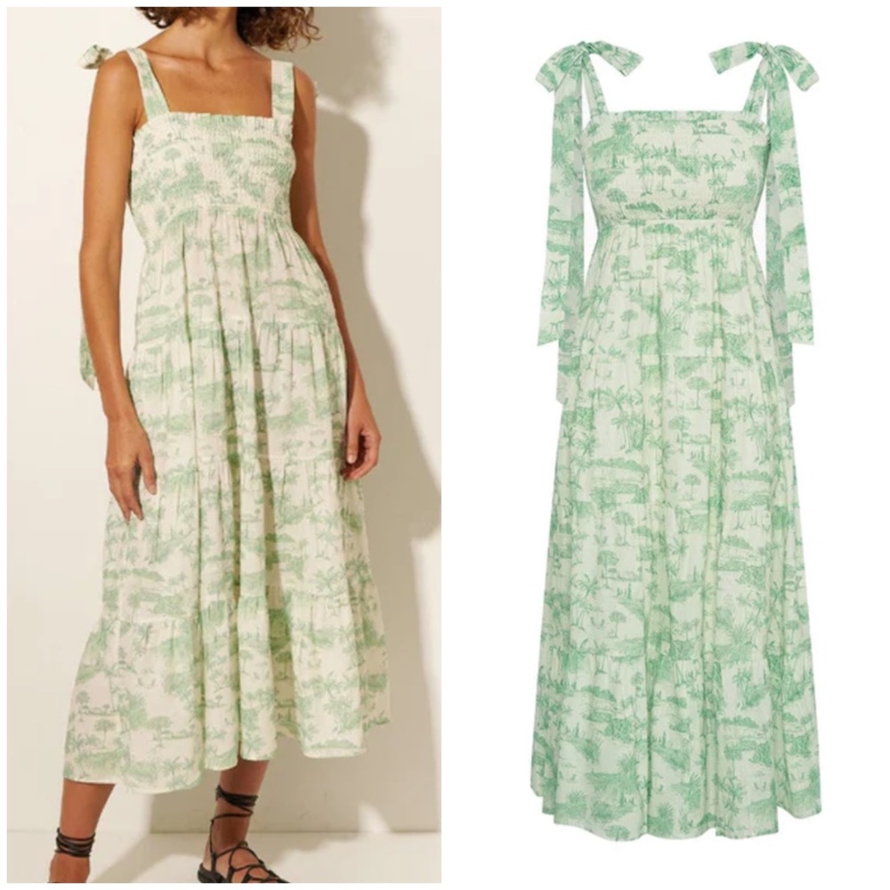 Kivari Chloe Shirred Midi Dress Green Toile Linen Blend Pockets